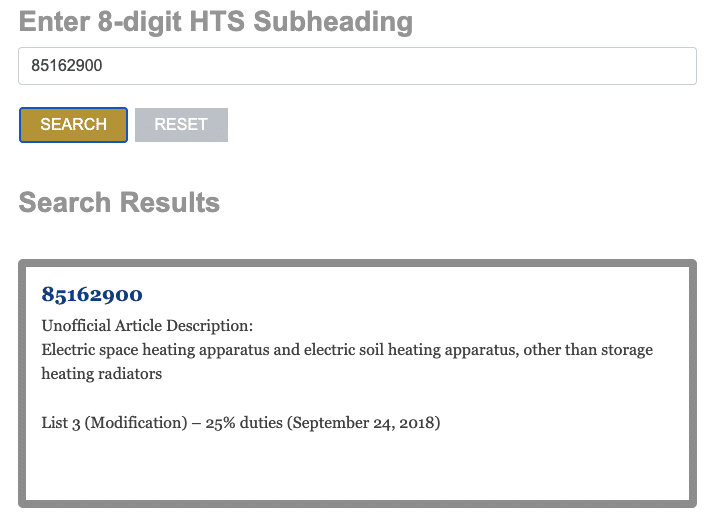HS code 8516.29.00 (Máy sưởi di động) - Bị áp thuế 25% theo điều 301.