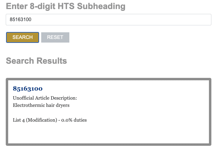 Mã HS code 8516.31.00 (Máy sấy tóc) - Không bị áp thuế bổ sung theo điều 301.