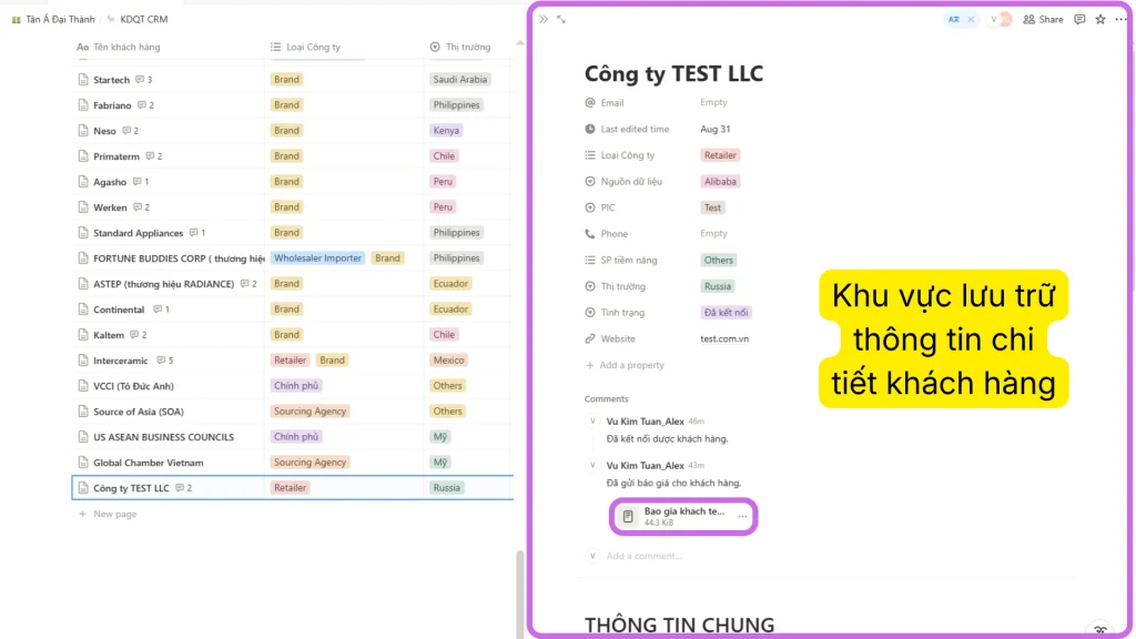 Chi tiết một khách hàng trong Notion CRM