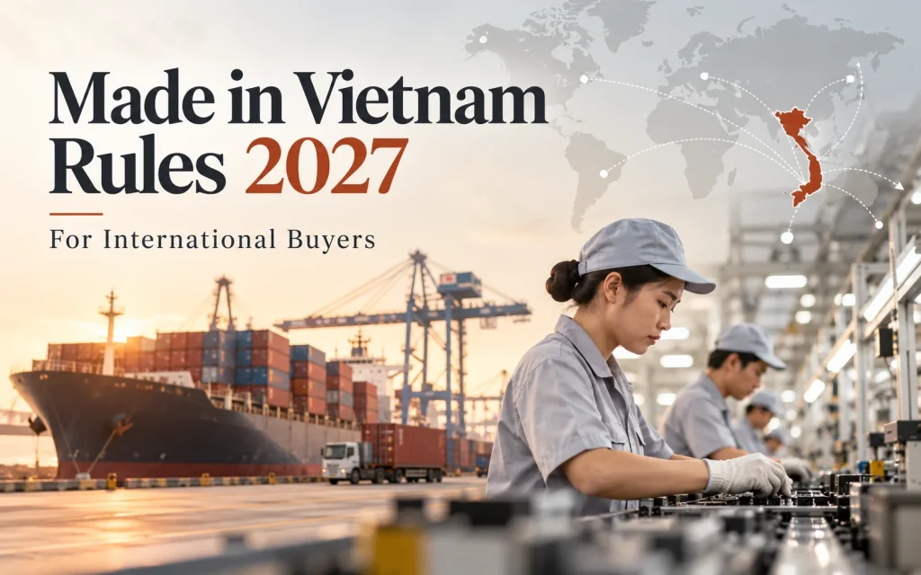 Made in Vietnam Rules 2027 – Vietnamese factory workers manufacturing products, with international shipping and global sourcing routes