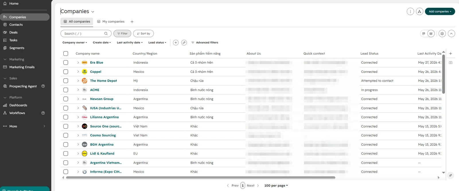 Danh sách Companies trong HubSpot CRM dùng làm kho lead cho sales xuất khẩu