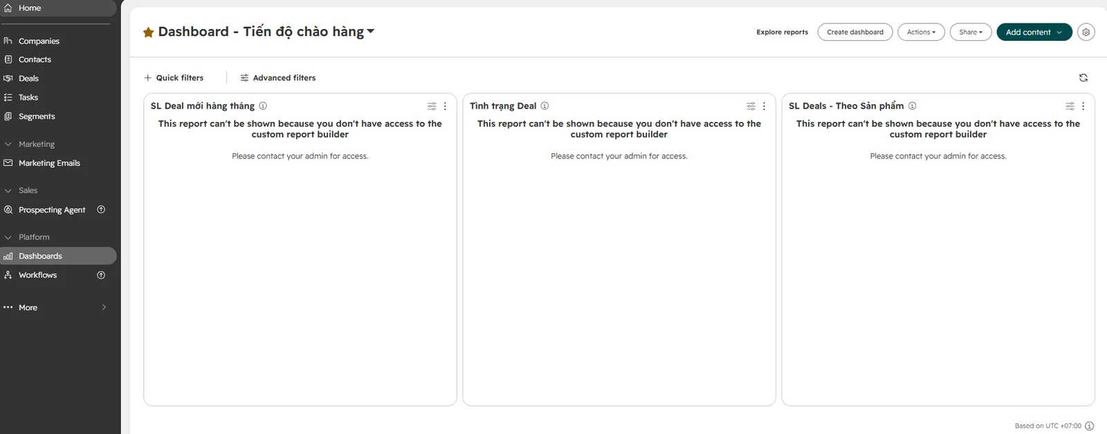 Dashboard HubSpot CRM bản miễn phí không hiển thị báo cáo tự tạo