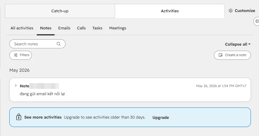 HubSpot CRM bản miễn phí chỉ hiển thị hoạt động trong 30 ngày gần nhất