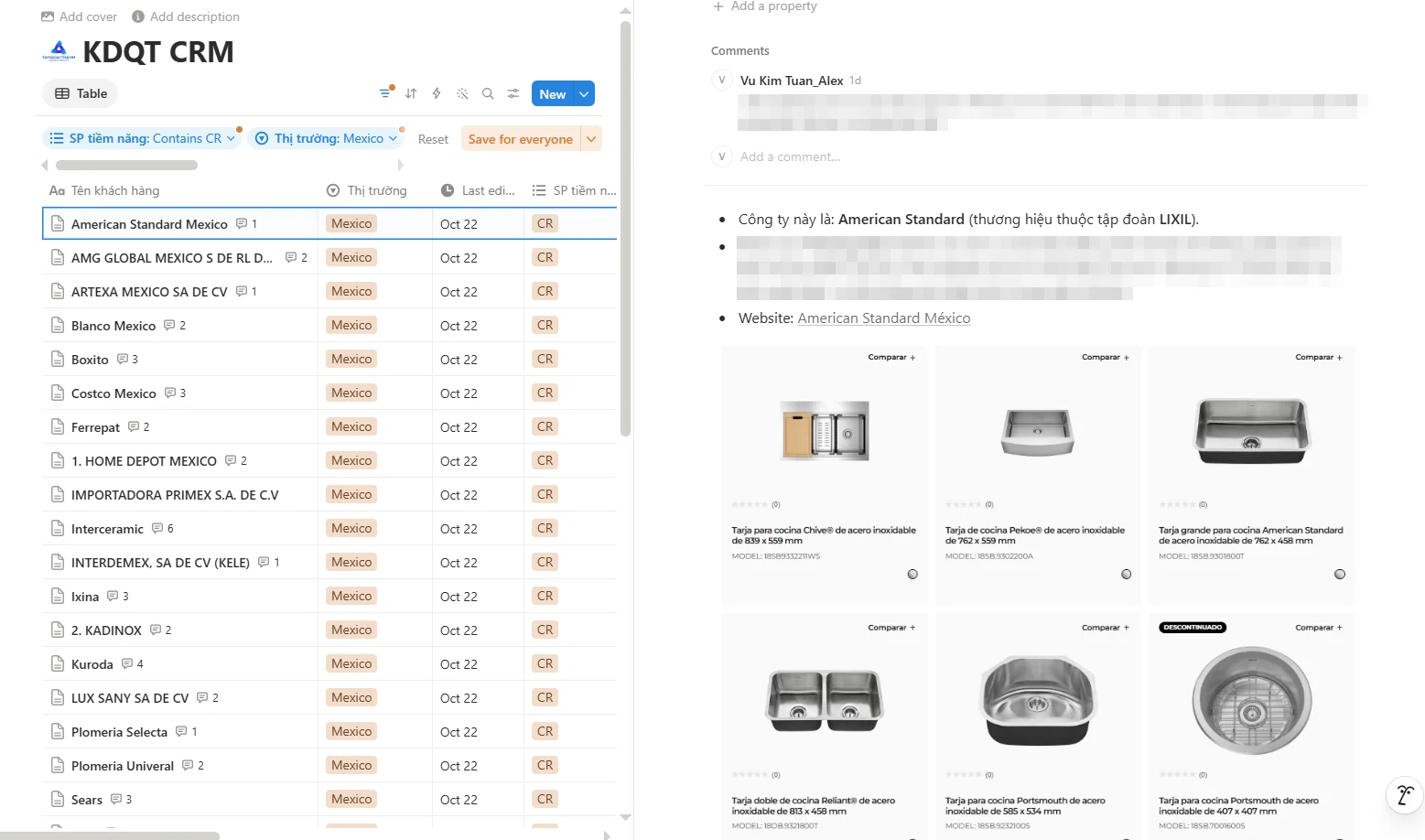 Mỗi khách hàng trong Notion CRM là một trang riêng chứa thông tin, ảnh sản phẩm và bình luận