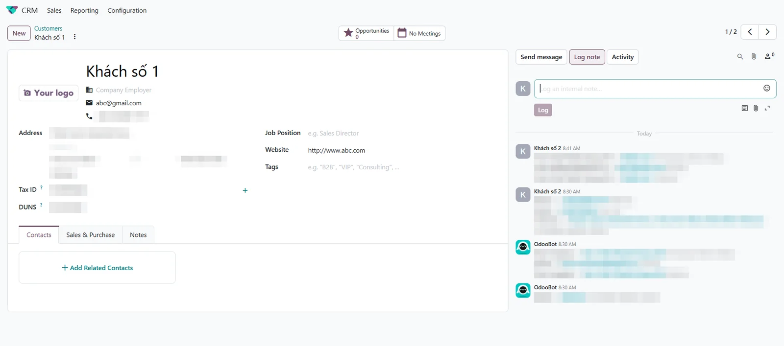 Log note của Odoo CRM ghi lại lịch sử trao đổi với khách hàng xuất khẩu