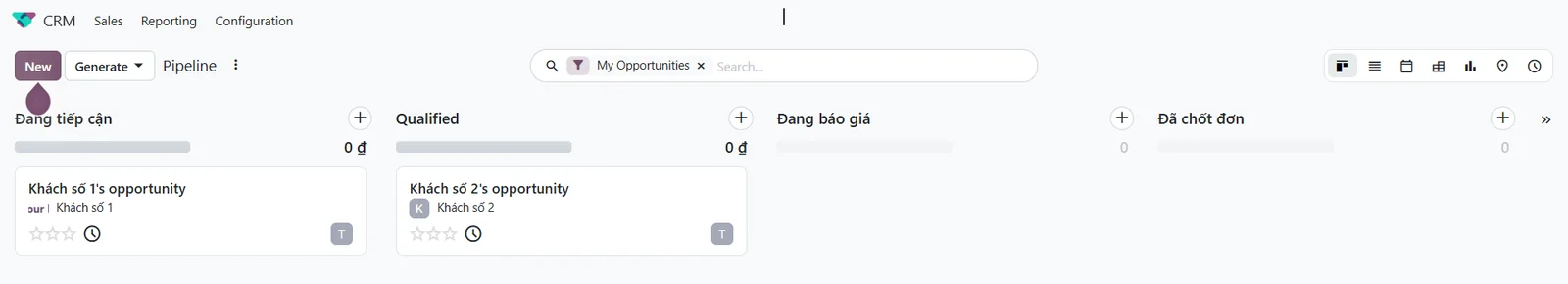 Pipeline kéo thả trong Odoo CRM cho sales xuất khẩu với các stage tự đặt